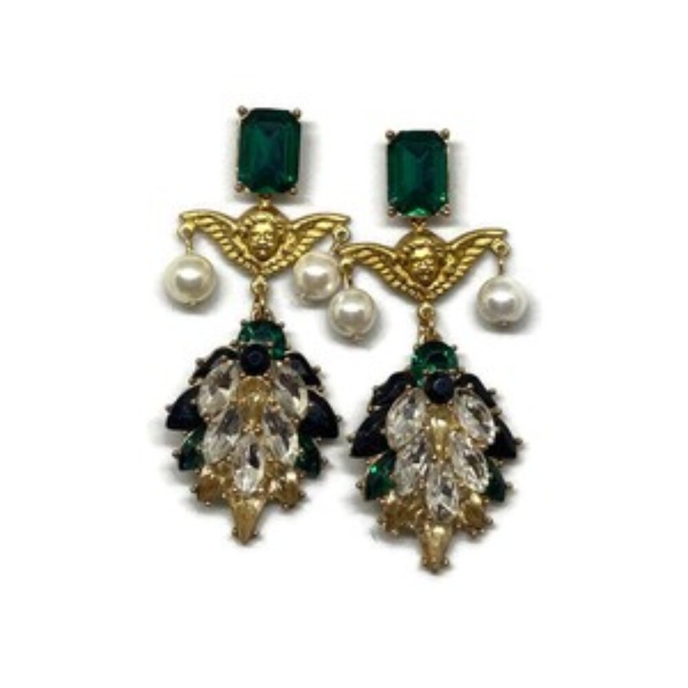 Green and gold antique style statement earrings